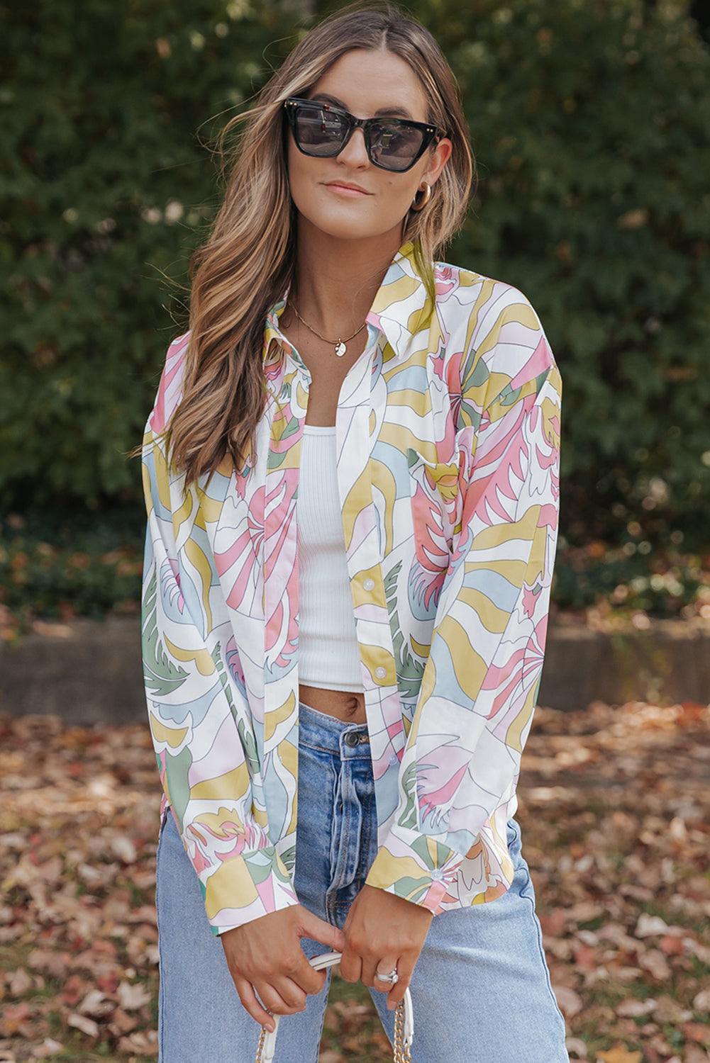 Multicolor Abstract Printed Turn-Down Collar Loose Shirt