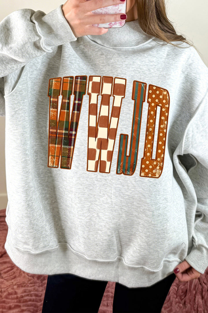 Light Grey WWJD Graphic Mock Neck Oversized Sweatshirt