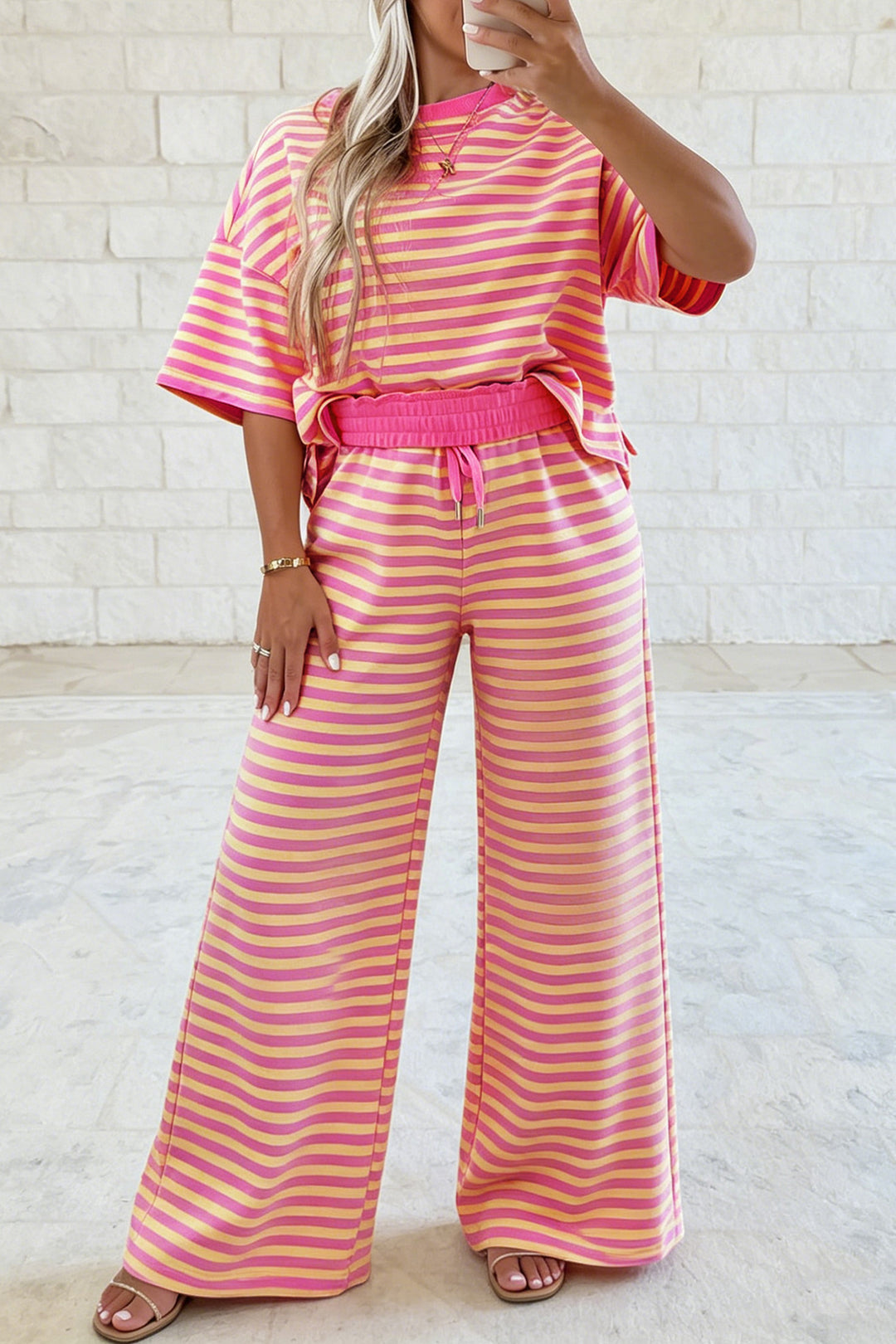 Pink Stripe Colorblock Trim Crew Neck Loose Tee Drawstring Elastic Waist 2pcs Pant Set