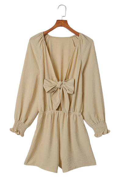 Beige Tie Knot Puff Long Sleeve Romper