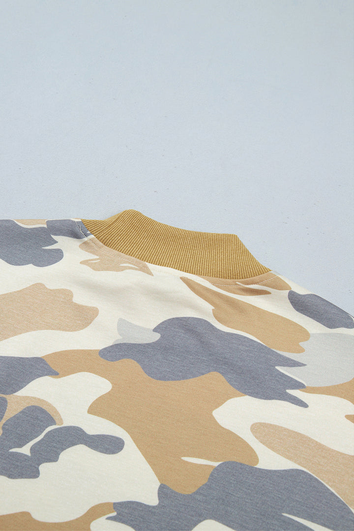 Multicolour Camouflage Print Long Sleeve Top Drawstring Shorts Set