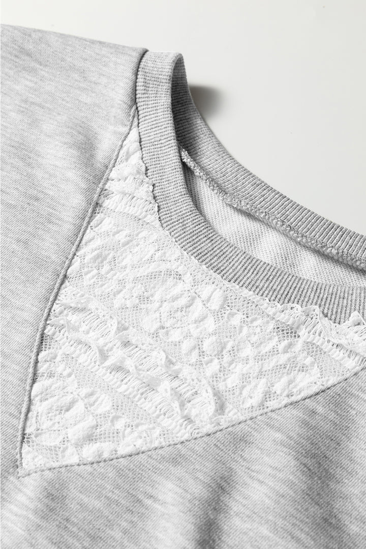 Light Grey Lace Patchwork Drop Shoulder Pullover Drawstring Skort 2pcs Outfit