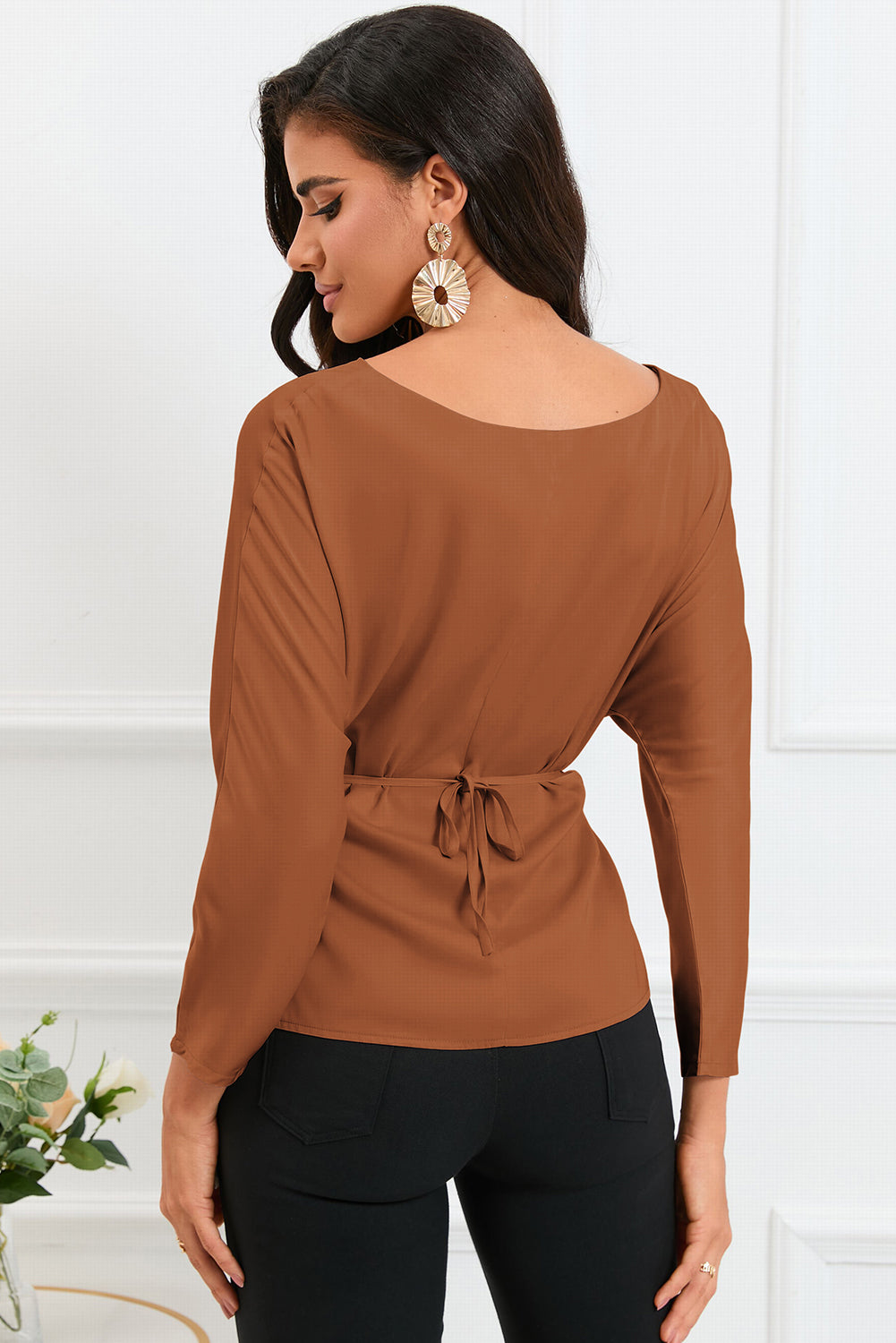 Brown Lace-up Wrapped Split Hem Solid Long Sleeve Top