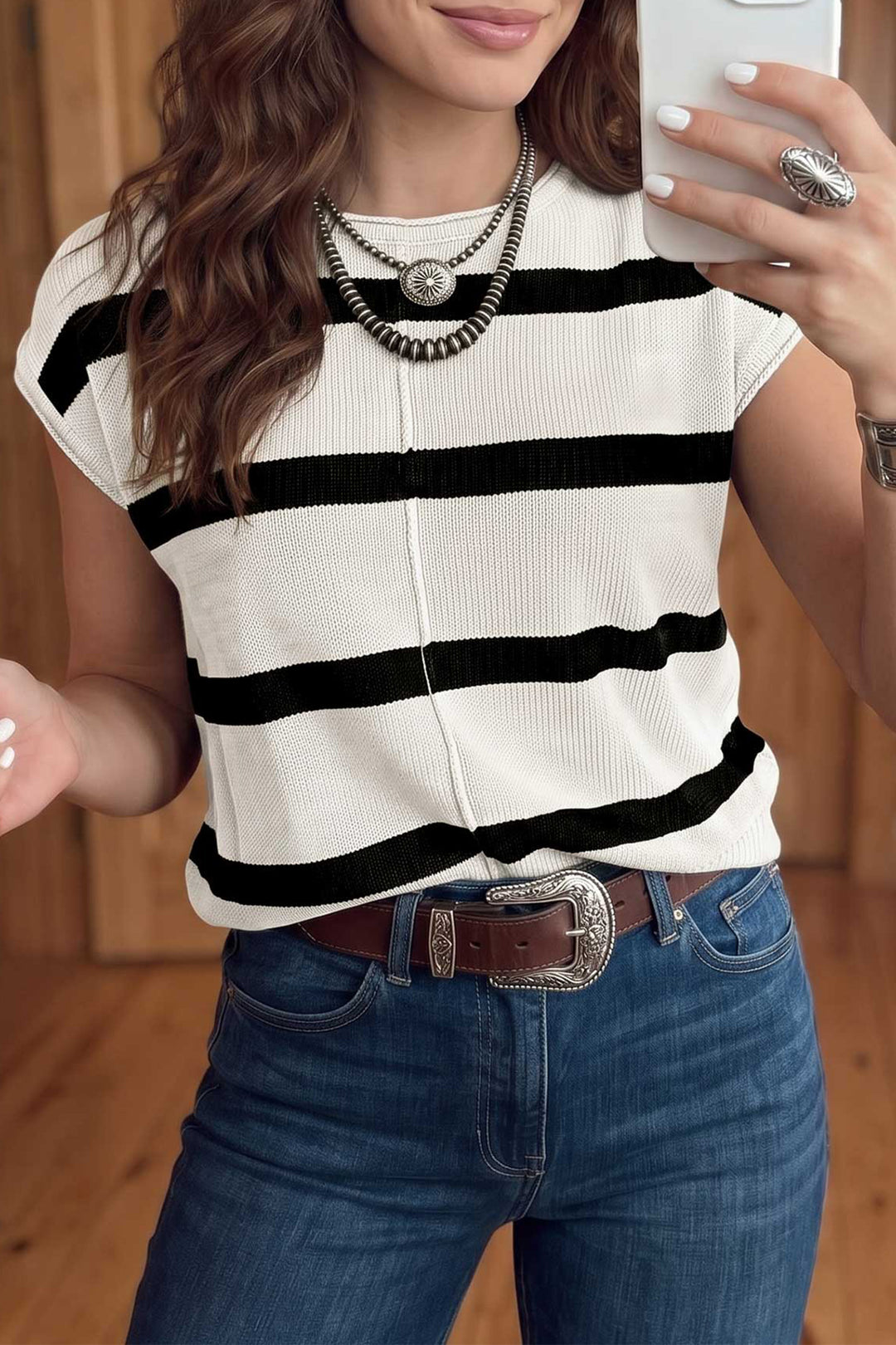 Rose Stripe Knit Western Short Sleeve Sweater