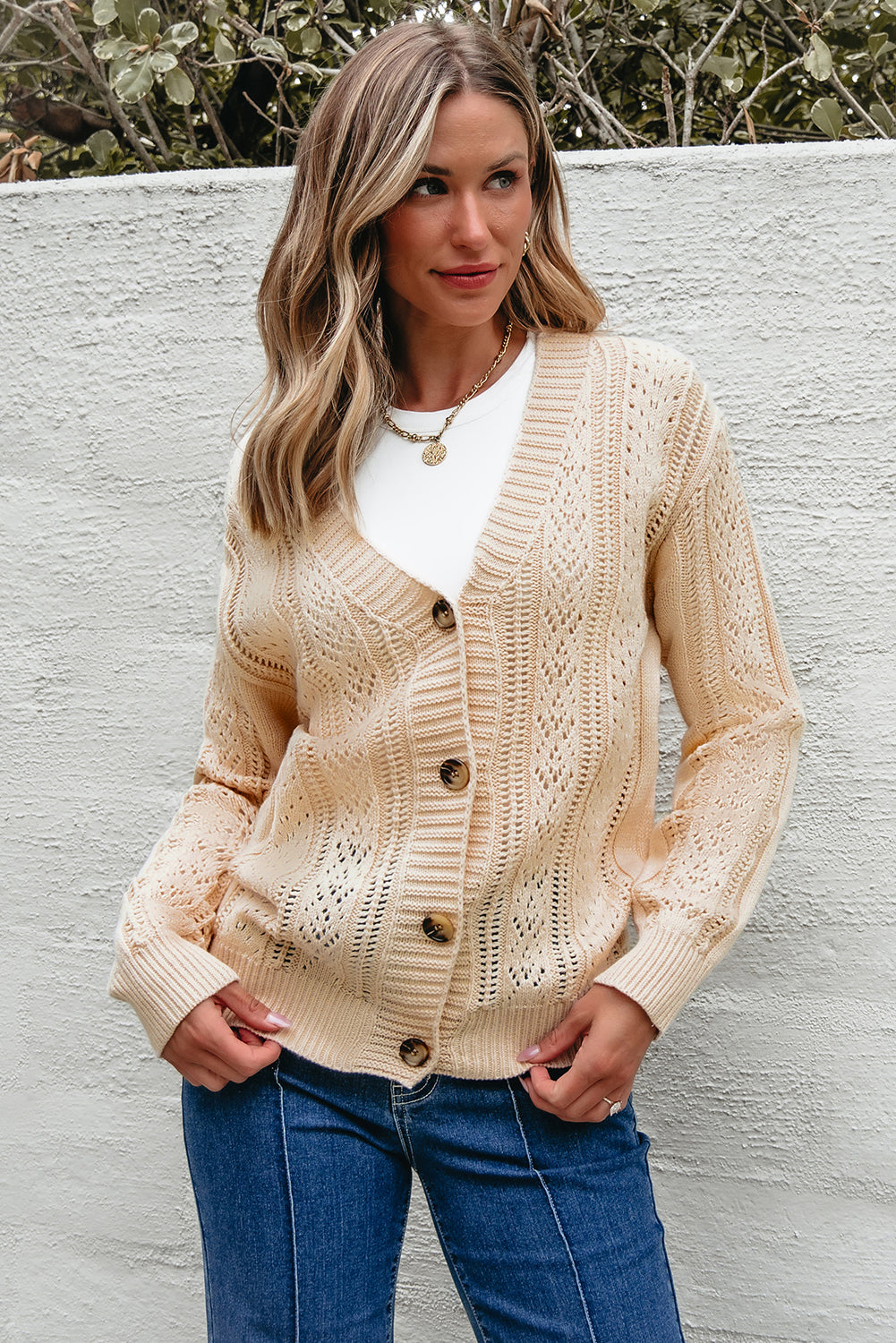 Beige Open Knit Drop Shoulder Sweater Cardigan