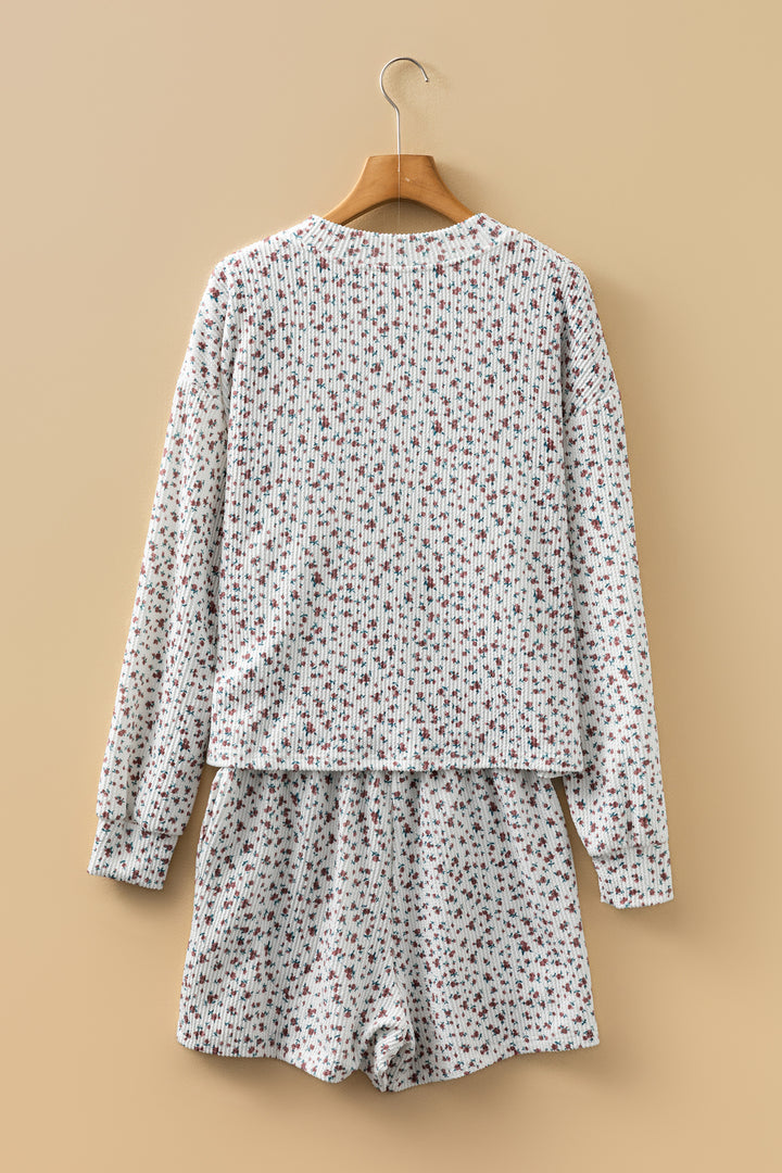 White Spiral Ribbed Floral Print Long Sleeve Henley Top Drawstring Short Set