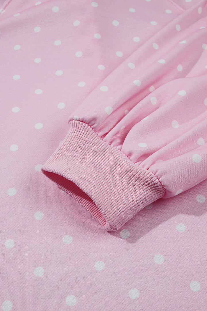 Pink Polka Dot Print Metal Button Collar Casual Pullover Sweatshirt