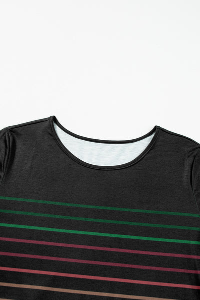 Black Multicolor Striped Crew Neck Long Sleeve Top