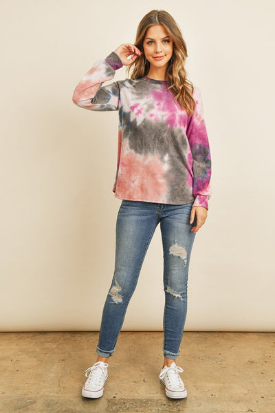 Long Sleeve Boat Neck Tie Dye Round Hem Top