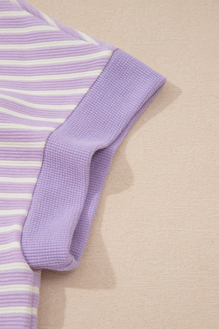 Purple Stripe Striped Colorblock Paneling Collar Cuff Hem Texture T-Shirt
