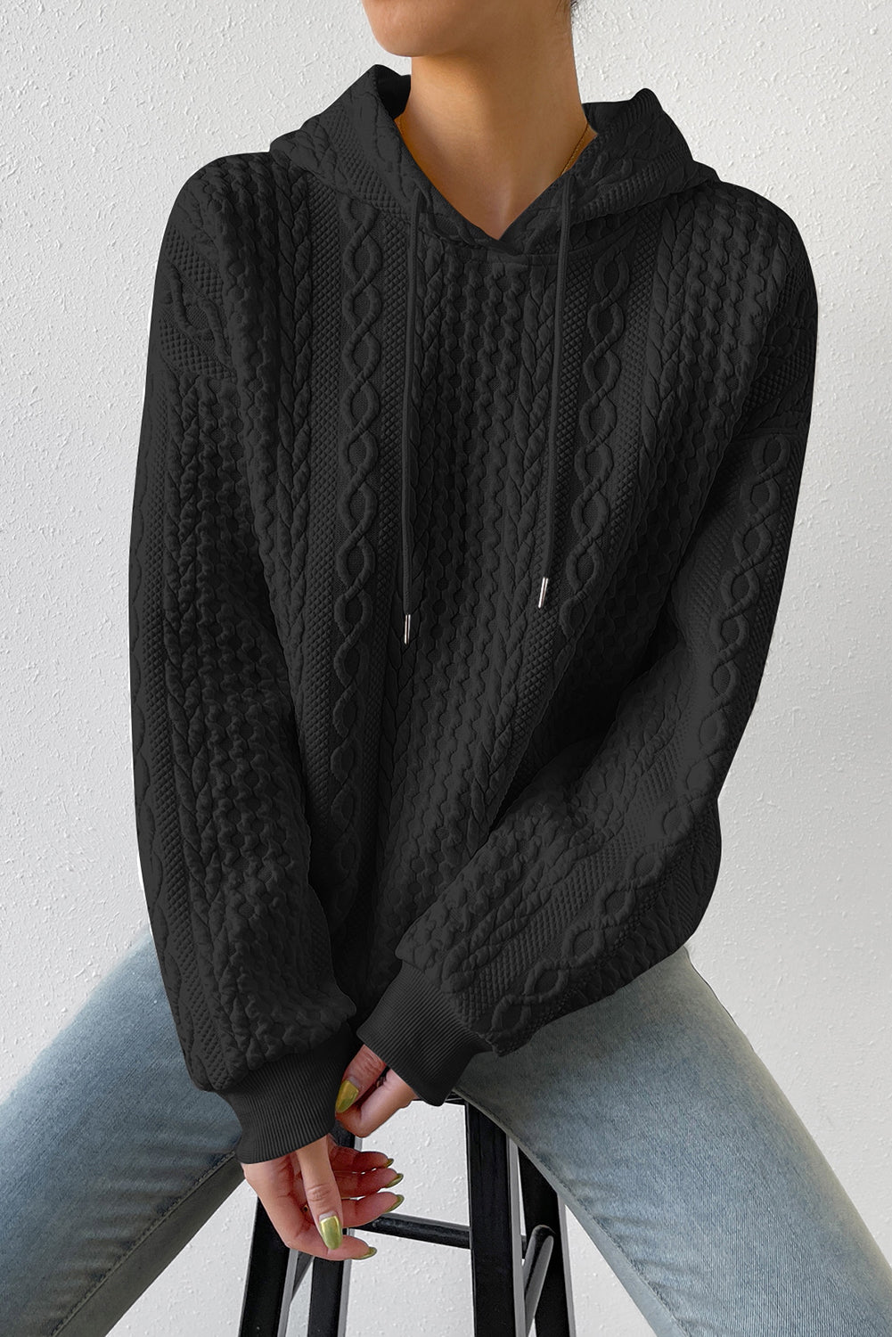 Black Cable Textured Casual Drawstring Hoodie