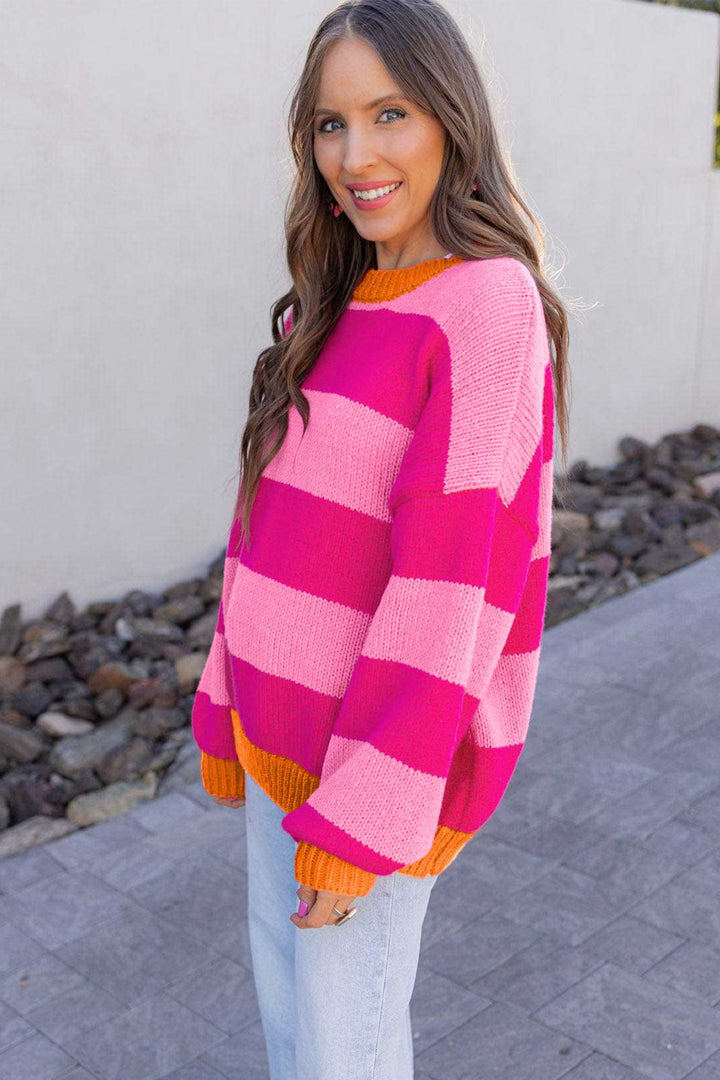 Rose Stripe Casual Colorblock Knit Drop Shoulder Relaxed Sweater
