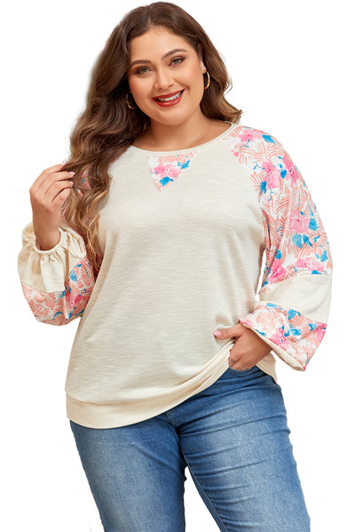 Apricot Plus Size Floral Patchwork Ribbed Puff Sleeve Top