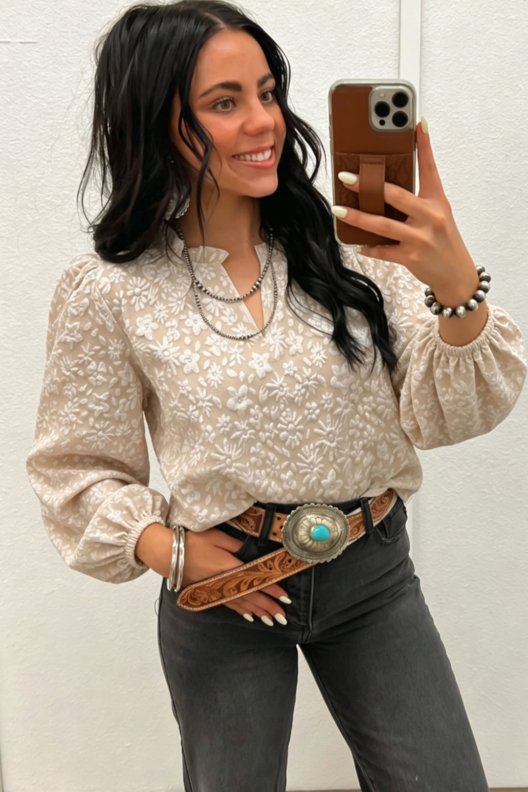 Apricot V Neck Floral Textured Long Sleeve Casual Blouse