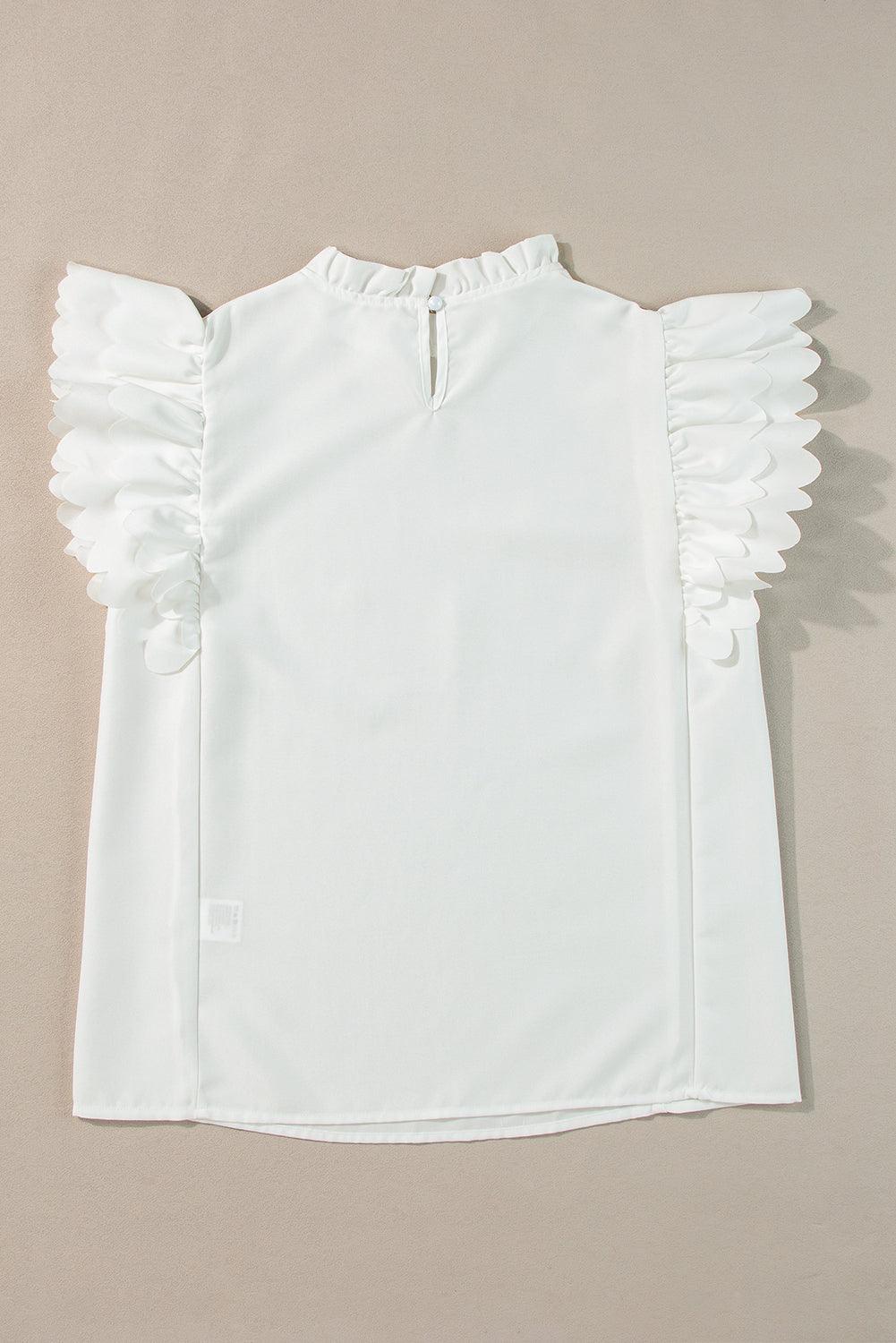 White Solid Color Scalloped Ruffle Sleeve Top