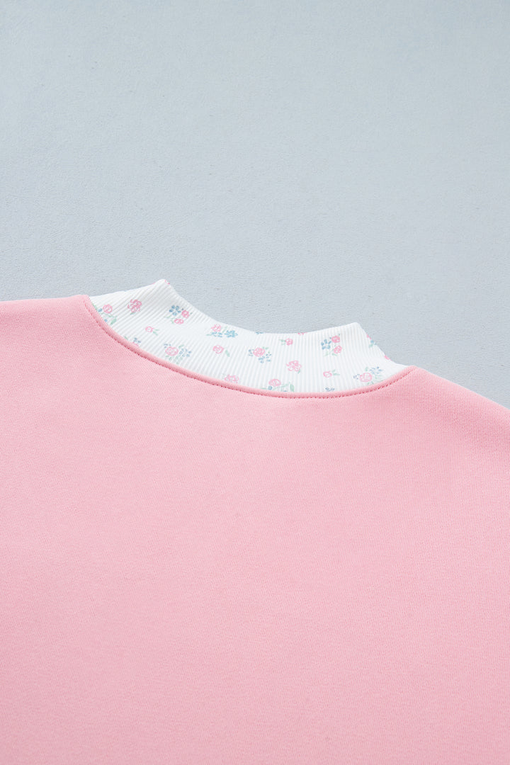Pink High Neck Floral Patch Embroidery Long Sleeve Sweatshirt