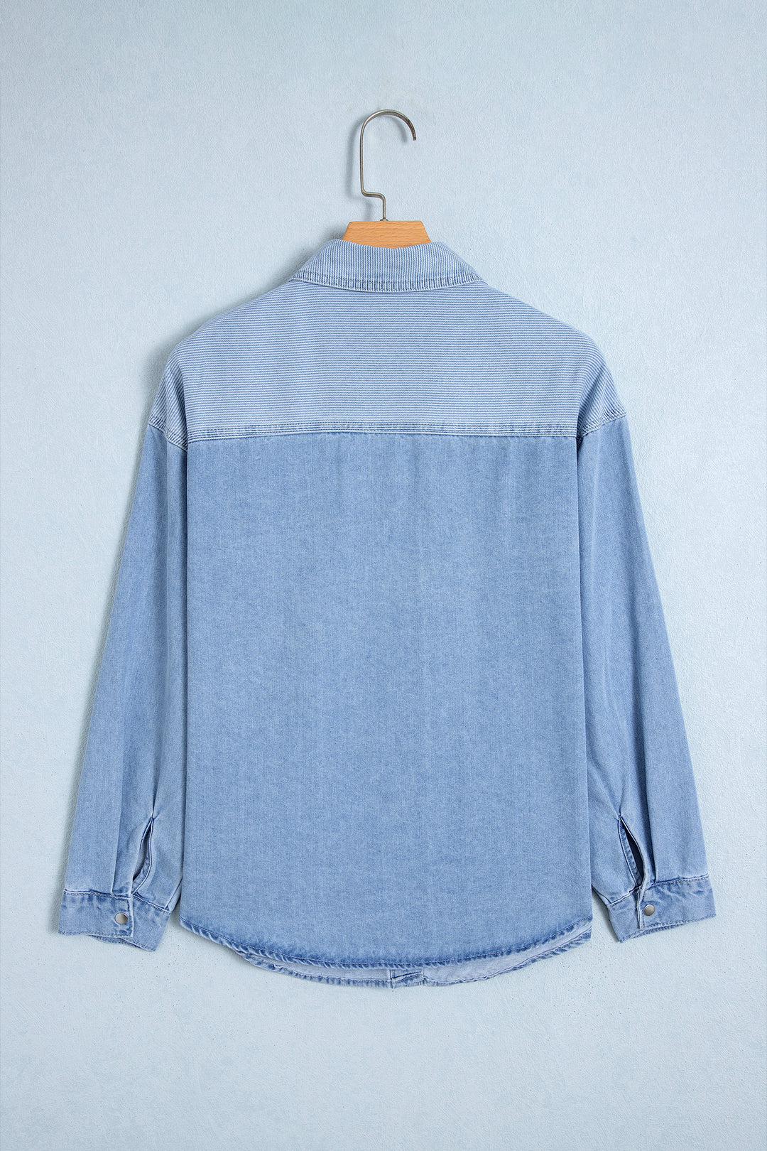 Beau Blue Lightweight Denim Striped Patchwork Button Down Shacket