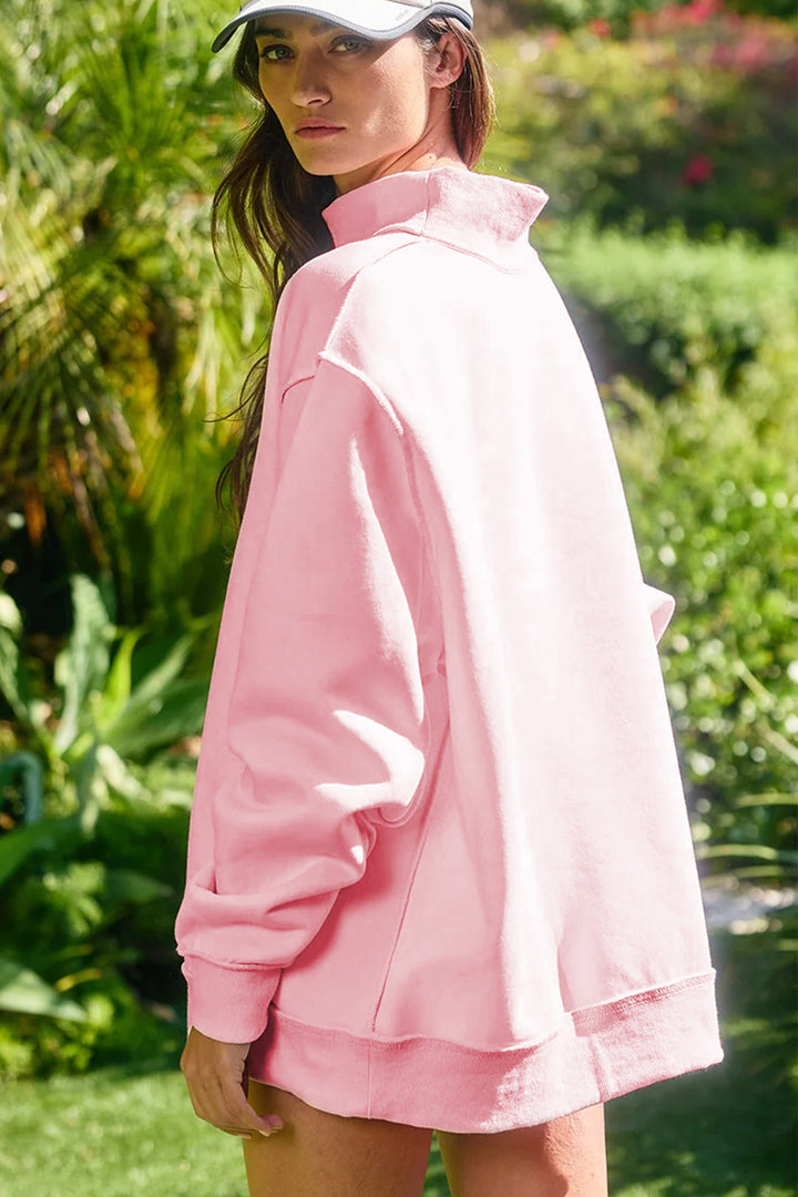 Light Pink High Neck Exposed Seam Drop Shoulder Baggy Pullover Short Set