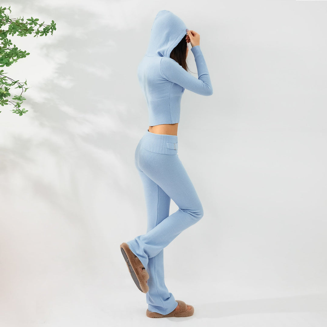Women’s Knitted Hooded Two-Piece Set – Cardigan &amp; High-Waisted Pants Suit
