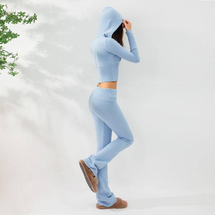 Women’s Knitted Hooded Two-Piece Set – Cardigan &amp; High-Waisted Pants Suit