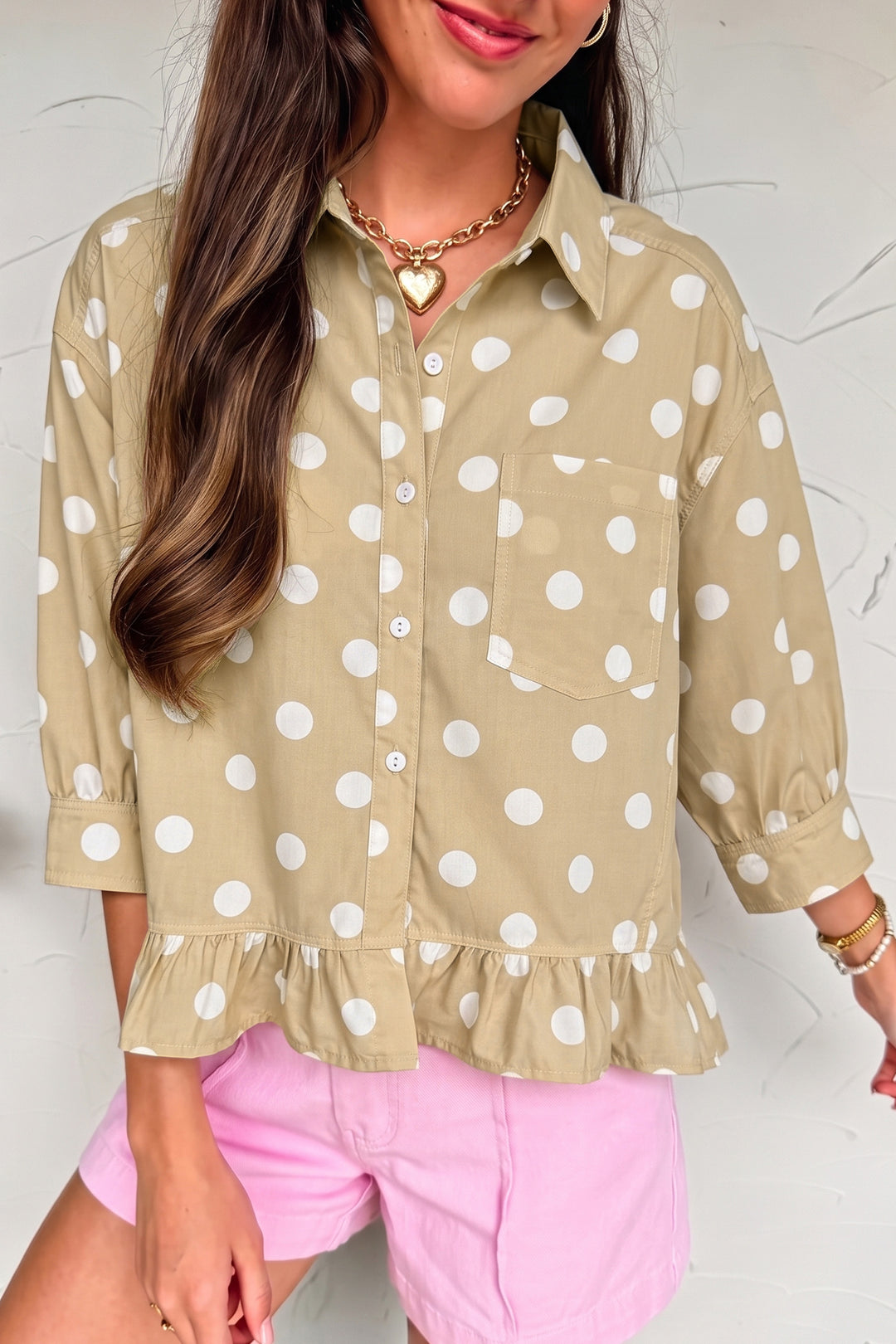 White Polka Dot Print Three Quarter Sleeve Ruffle Hem Casual Shirt
