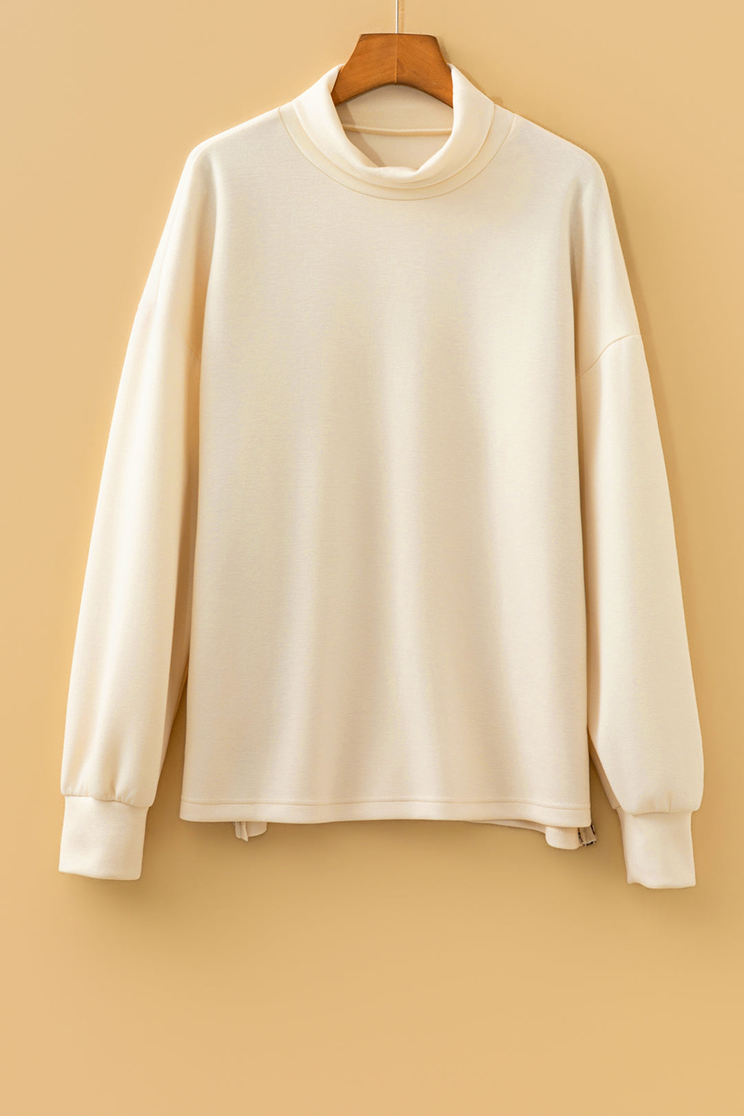Beige Mock Neck Long Sleeve Leopard Detail Split Hem Top