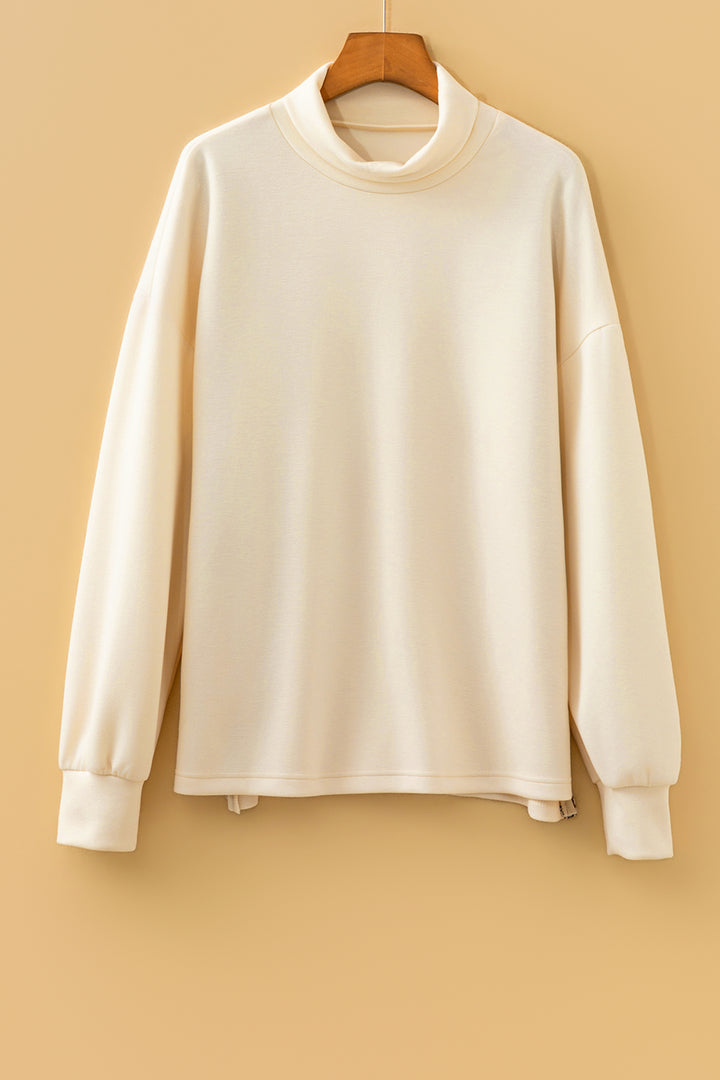 Beige Mock Neck Long Sleeve Leopard Detail Split Hem Top