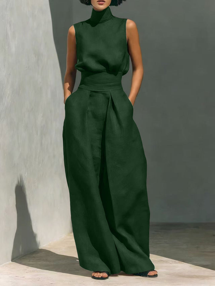 Women’s Cotton Linen Two-Piece Set – Sleeveless Top &amp; Wide-Leg Pants