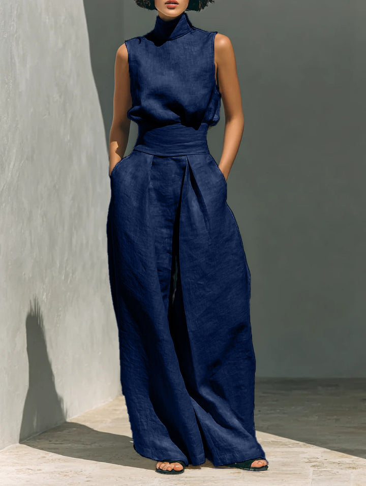 Women’s Cotton Linen Two-Piece Set – Sleeveless Top &amp; Wide-Leg Pants