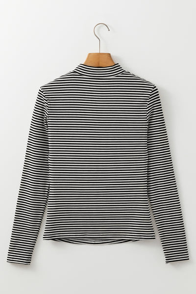 Black Stripe Knit Mock Neck Long Sleeve Slim Top