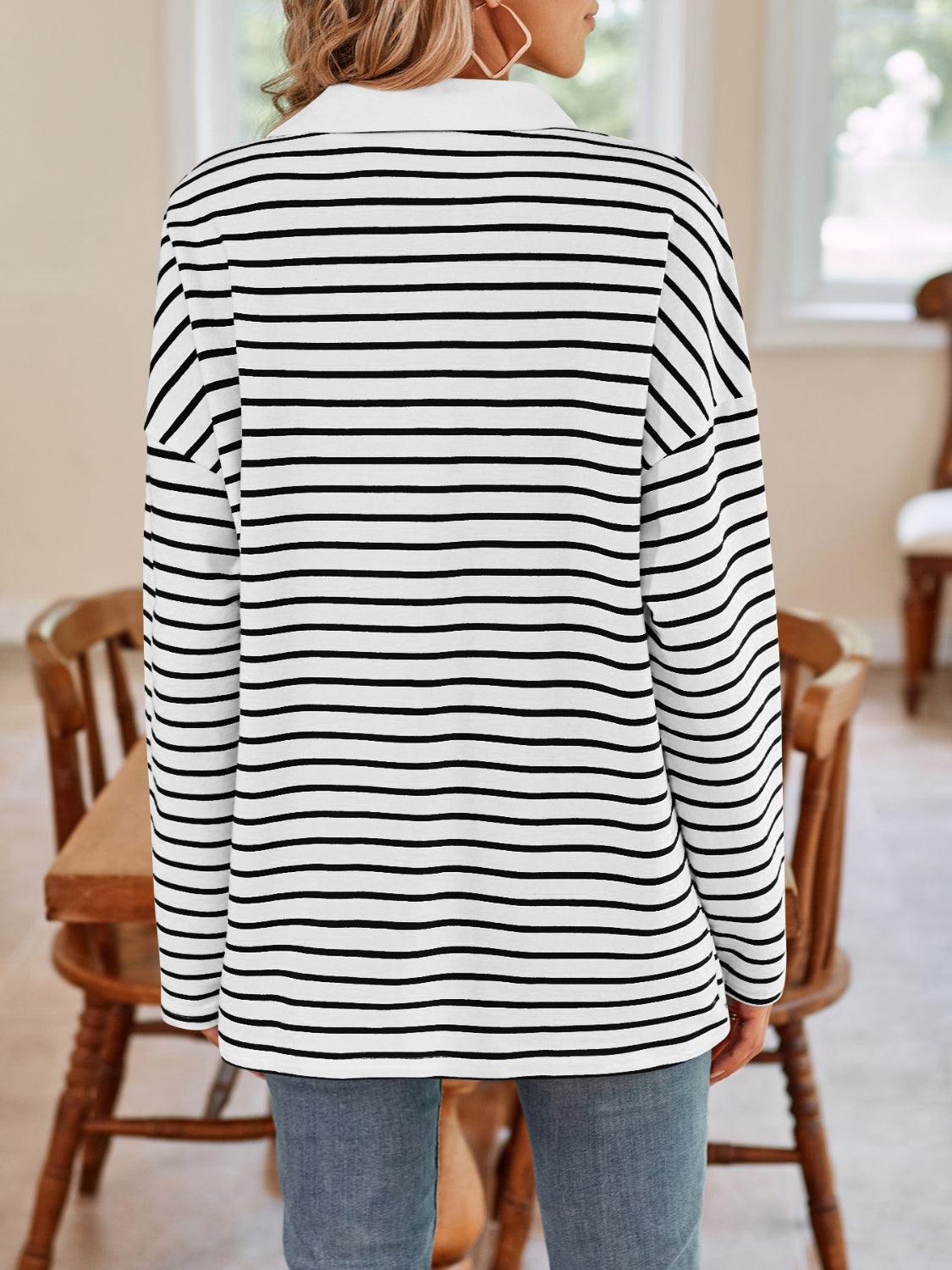 Lovelet Striped Johnny Collar Long Sleeve T-Shirt