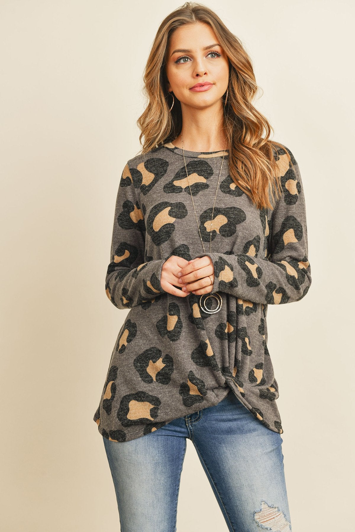 Long Sleeve Round Neck Leopard Knot Top