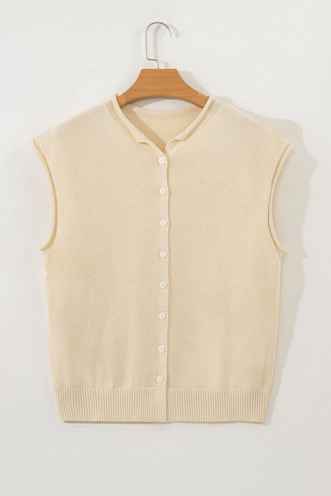 Apricot Buttoned Front Rolled Hem Cap Sleeve Sweater Top