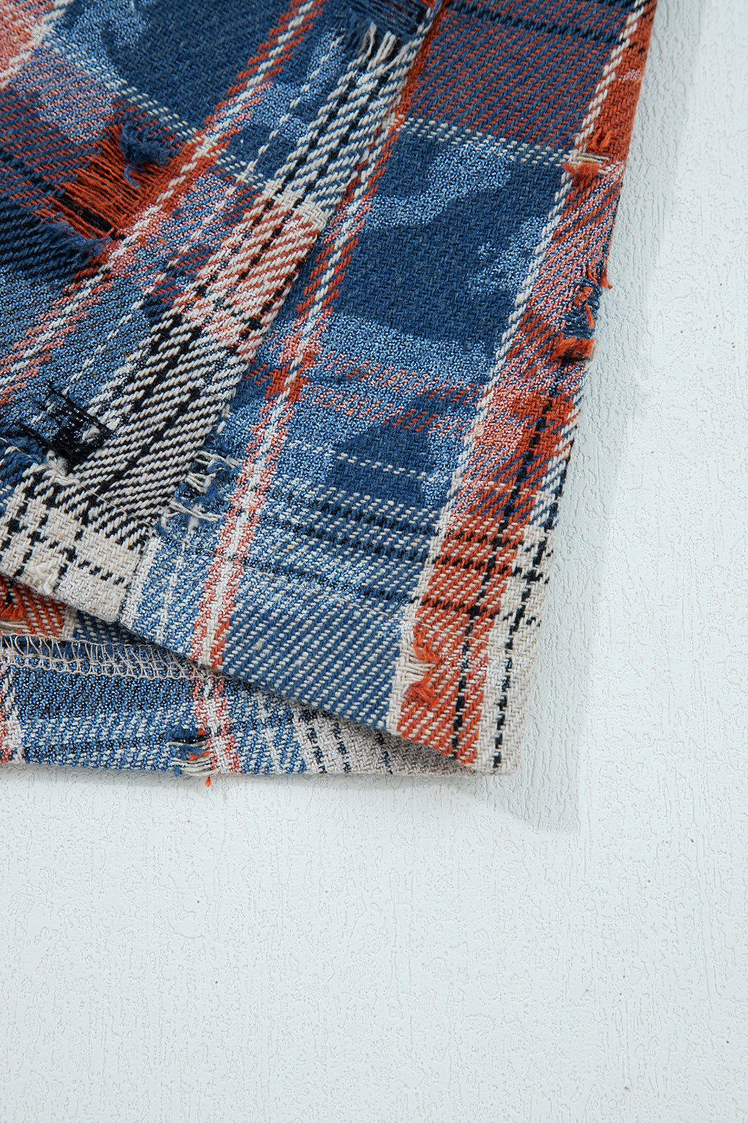 Ashleigh Blue Boho Floral Plaid Patchwork Distressed Detail Ruffled Sleeve Waffle Knit Shacket