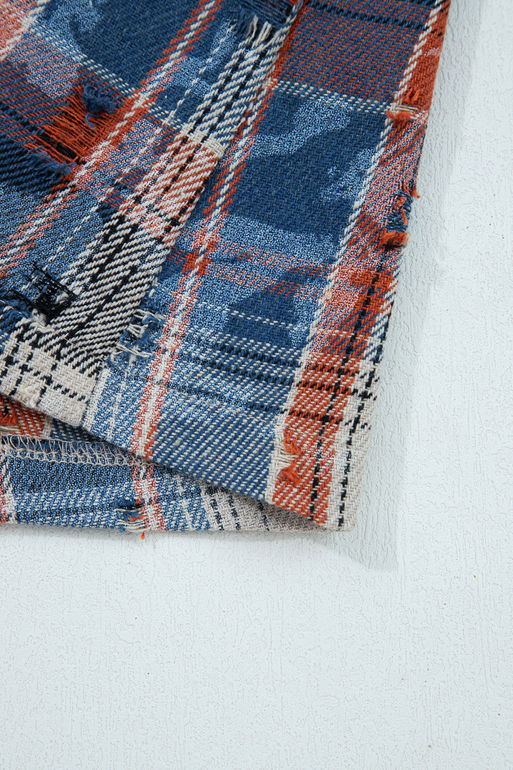 Ashleigh Blue Boho Floral Plaid Patchwork Distressed Detail Ruffled Sleeve Waffle Knit Shacket