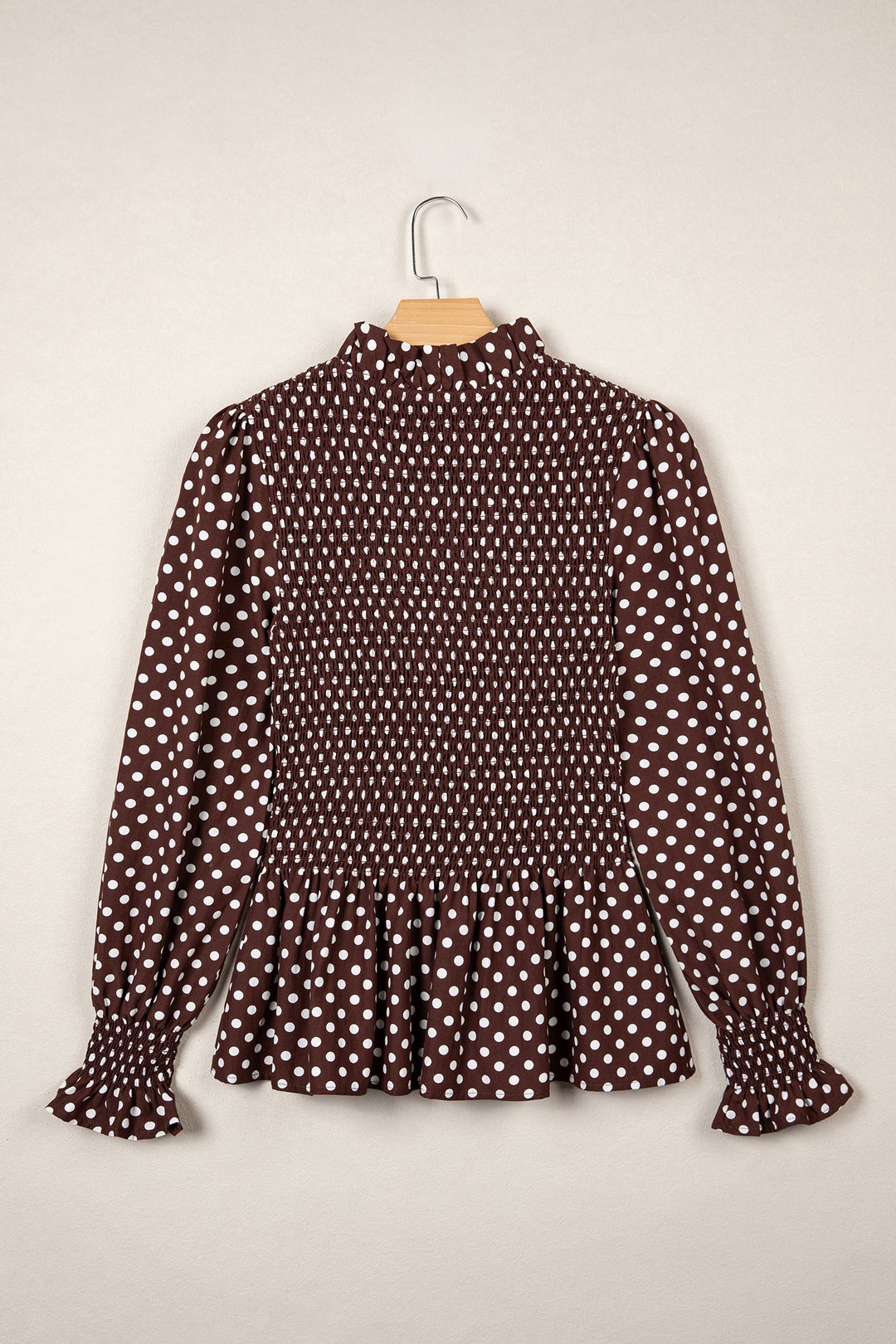 Brown Polka Dot Ruffled High Neck Shirred Ruffle Hem Blouse