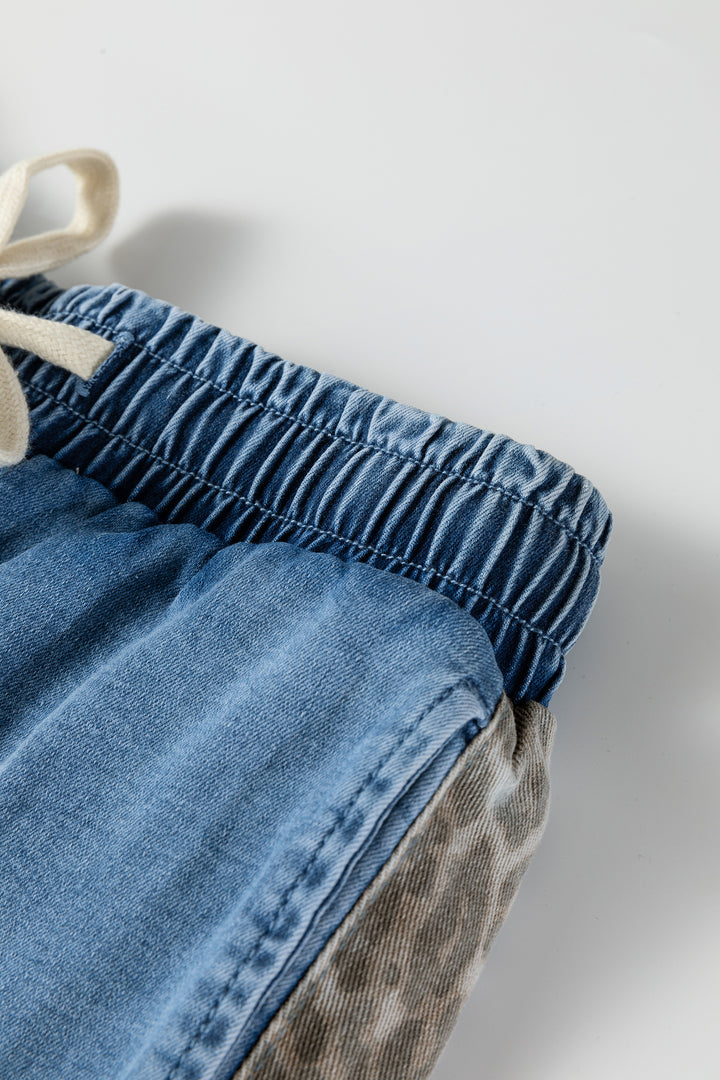 Beau Blue Drawstring Elastic Waist Leopard Striped Side Panel Wide Leg Jeans