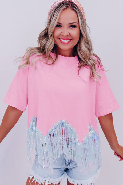 Pink Fringed Sequin Crop T-shirt