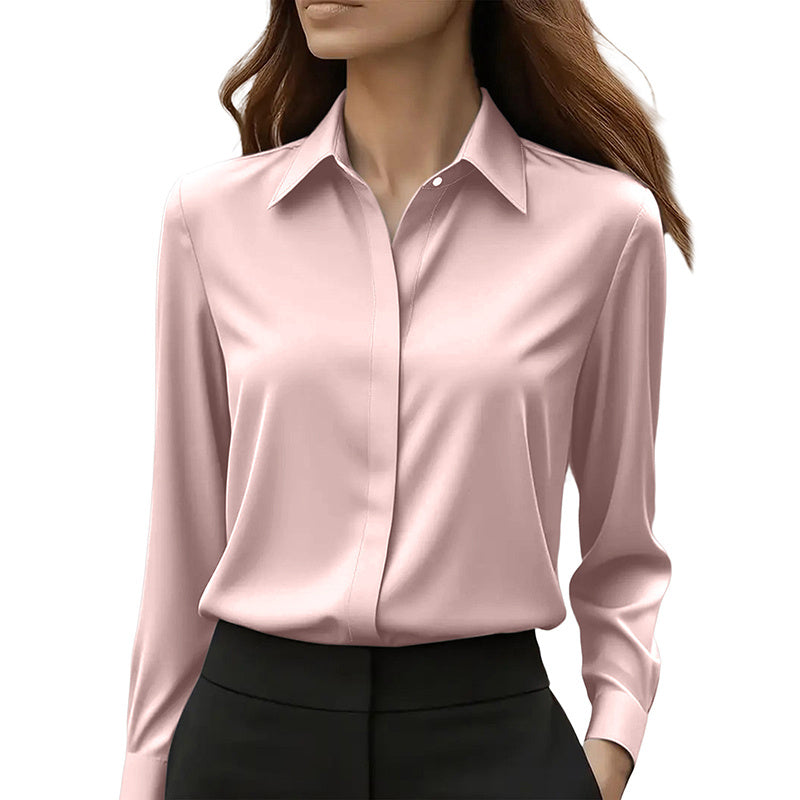 Loose Fit Satin Blouse — V-Neck Long Sleeve Tunic Top for Office &amp; Casual Wear