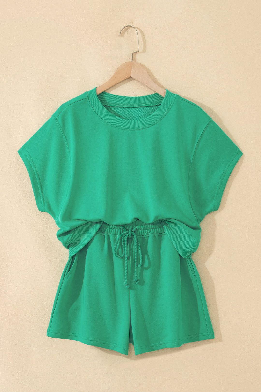 Mist Blue Solid Color Loose Tee Drawstring Shorts 2pcs Outfit