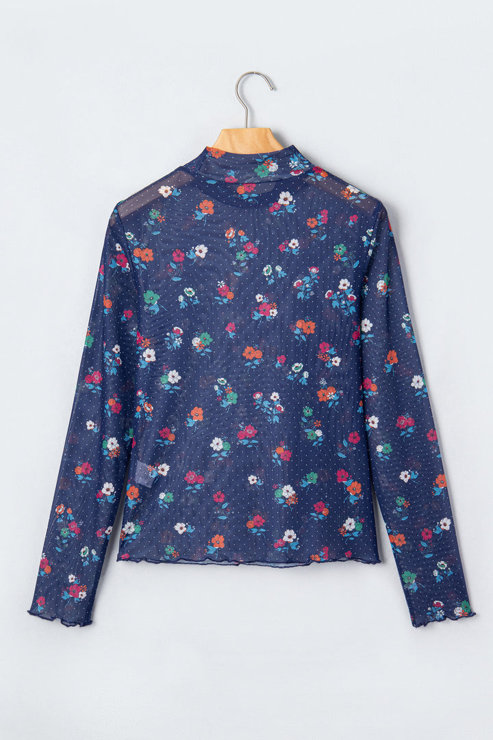 Blue Polka Dot Floral Mesh Long Sleeve High Neck Pullover Sheath Top