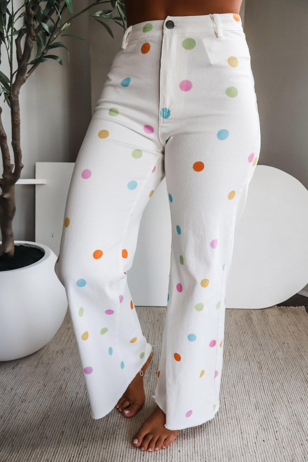 White High Waist Polka Dot Straight Leg Casual Jeans