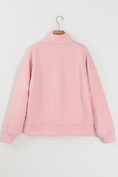 Light Pink Solid Textured Half Zipper Collared Sweatshirt