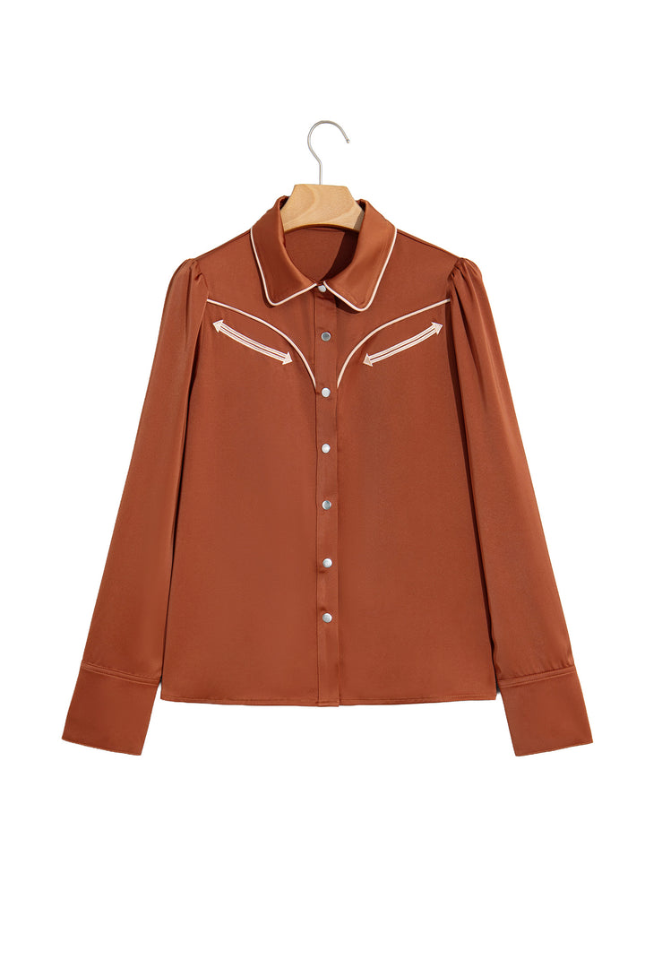 Cinnamon Silky Long Sleeve Button Front Western Fashion Shirt