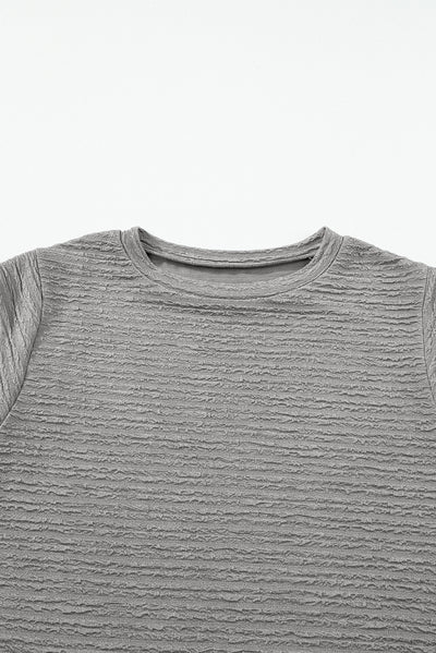 Medium Grey Solid Textured Batwing Sleeve Crew Neck T Shirt