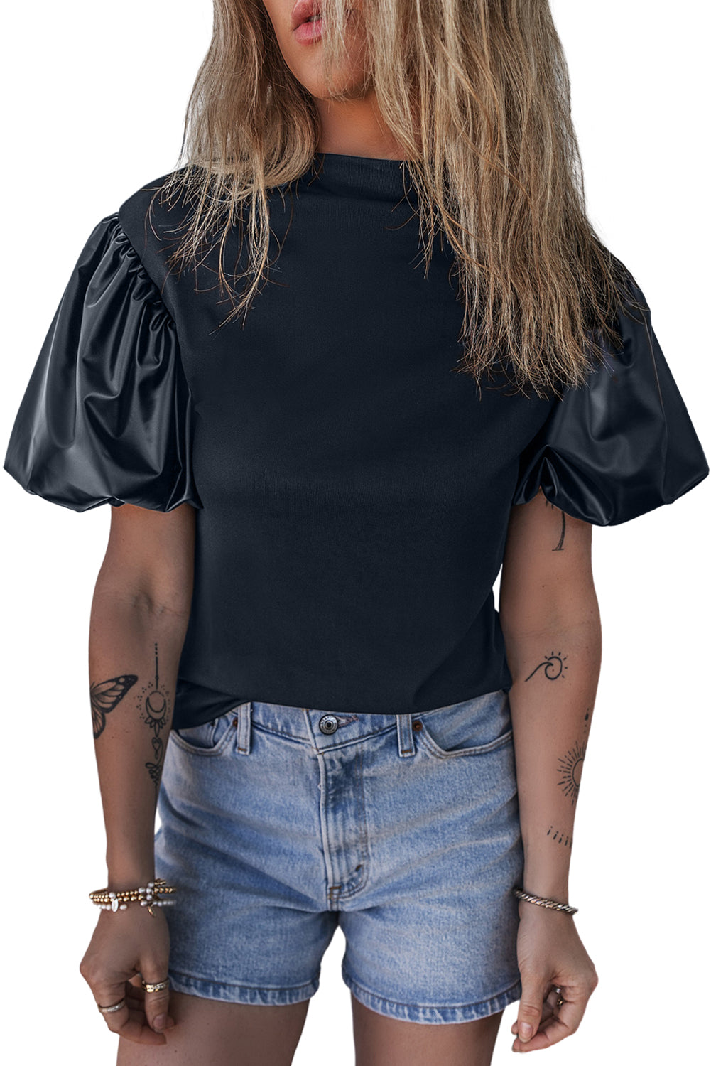 Black Faux Leather Puff Short Sleeve Mock Neck Top