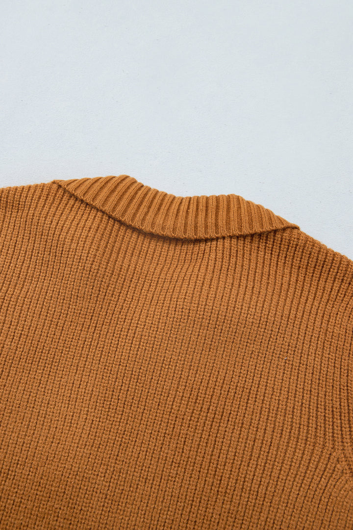 Mustard Ribbed Knit Collar Button Front Long Sleeve Cardigan