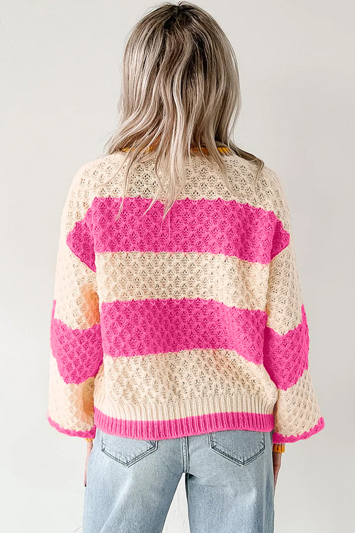 Pink Stripe Striped Colorblock Texture Drop Shoulder Sweater