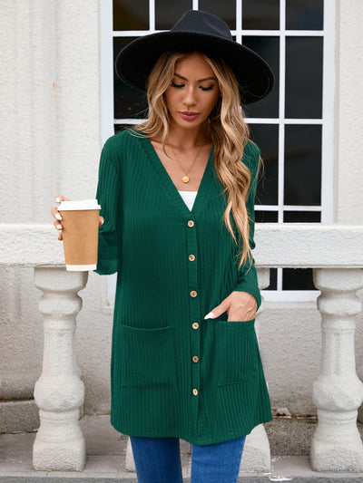 Ribbed Button Down V-Neck Long Sleeve Cardigan