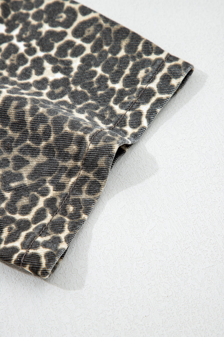 Gray Vintage Leopard Print Short Sleeve Loose Cotton Denim Shirt